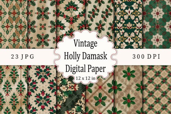 Download Vintage Holly Damask Digital Paper - Digital paper Collection