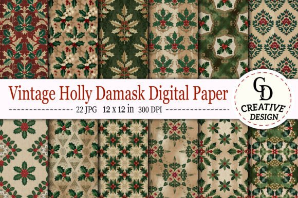 Download Vintage Holly Damask Digital Paper - Digital paper Collection